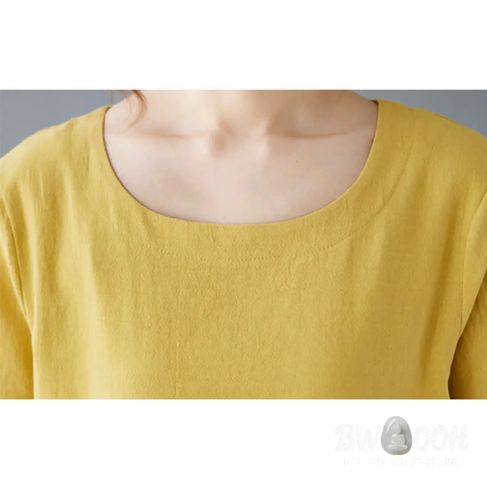 Buddha Stones Side Slit Design Women’s Cotton Linen Crew Neck Short Sleeve T-Shirt Wtih Pocket - Women’s T-Shirts
