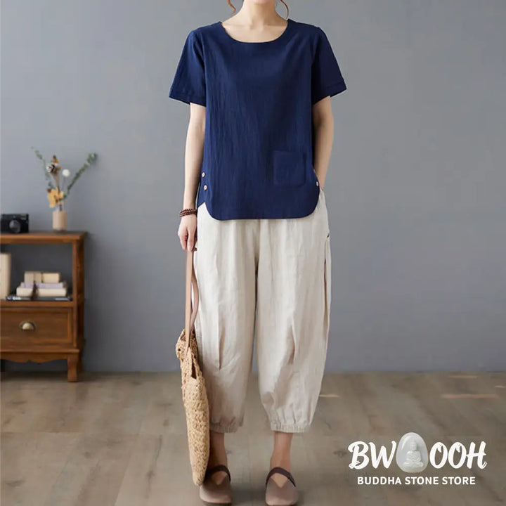 Buddha Stones Side Slit Design Women’s Cotton Linen Crew Neck Short Sleeve T-Shirt Wtih Pocket - Women’s T-Shirts