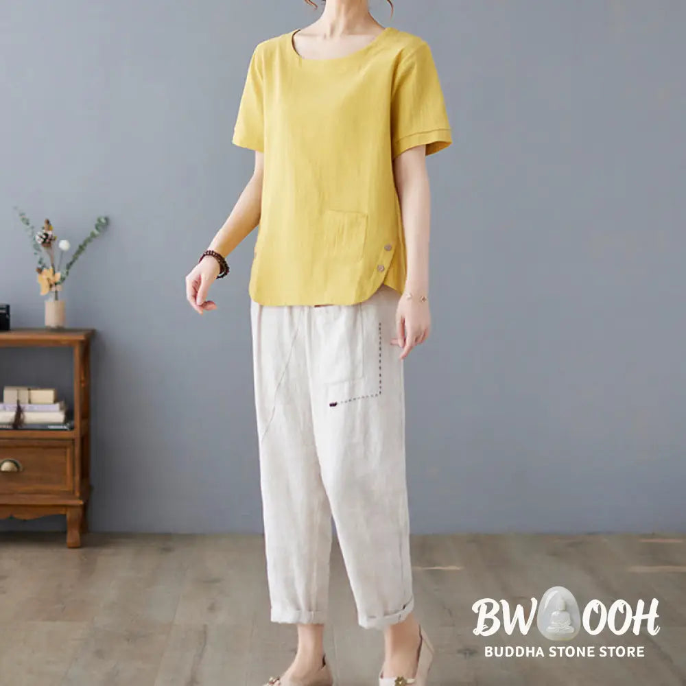 Buddha Stones Side Slit Design Women’s Cotton Linen Crew Neck Short Sleeve T-Shirt Wtih Pocket - Women’s T-Shirts