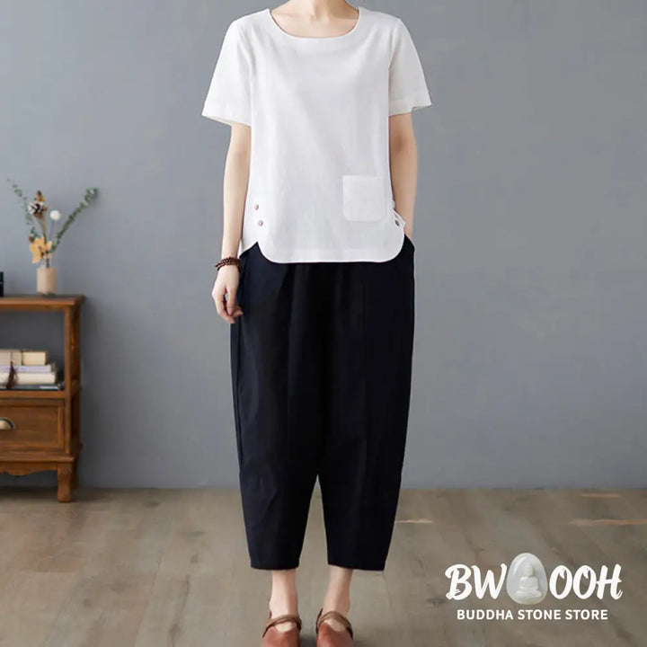 Buddha Stones Side Slit Design Women’s Cotton Linen Crew Neck Short Sleeve T-Shirt Wtih Pocket - Women’s T-Shirts