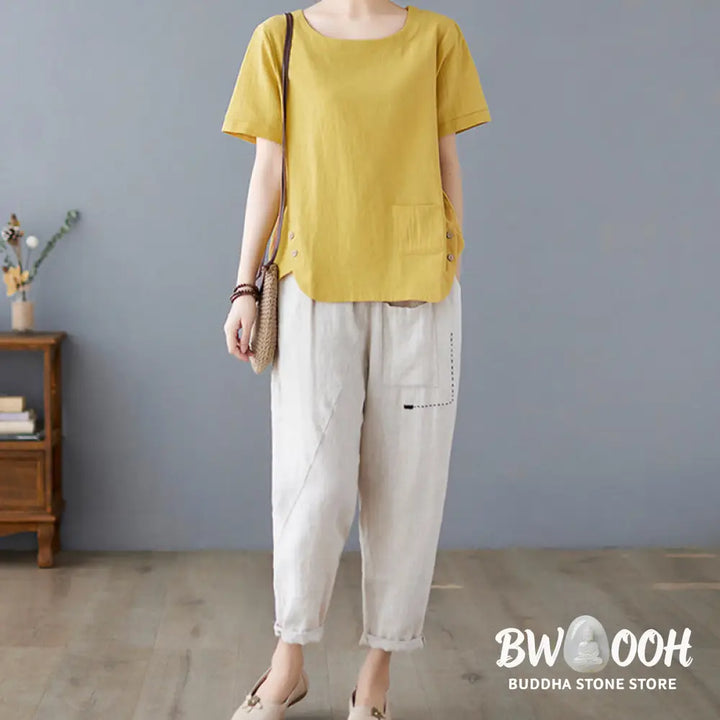 Buddha Stones Side Slit Design Women’s Cotton Linen Crew Neck Short Sleeve T-Shirt Wtih Pocket - Women’s T-Shirts