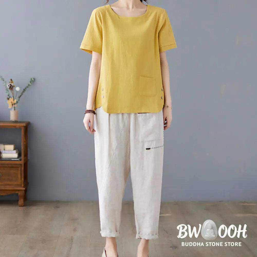 Buddha Stones Side Slit Design Women’s Cotton Linen Crew Neck Short Sleeve T-Shirt Wtih Pocket - Women’s T-Shirts