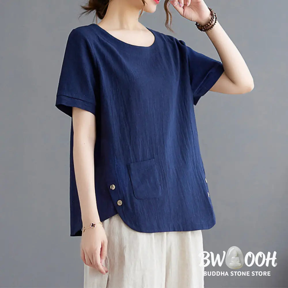 Buddha Stones Side Slit Design Women’s Cotton Linen Crew Neck Short Sleeve T-Shirt Wtih Pocket - Women’s T-Shirts