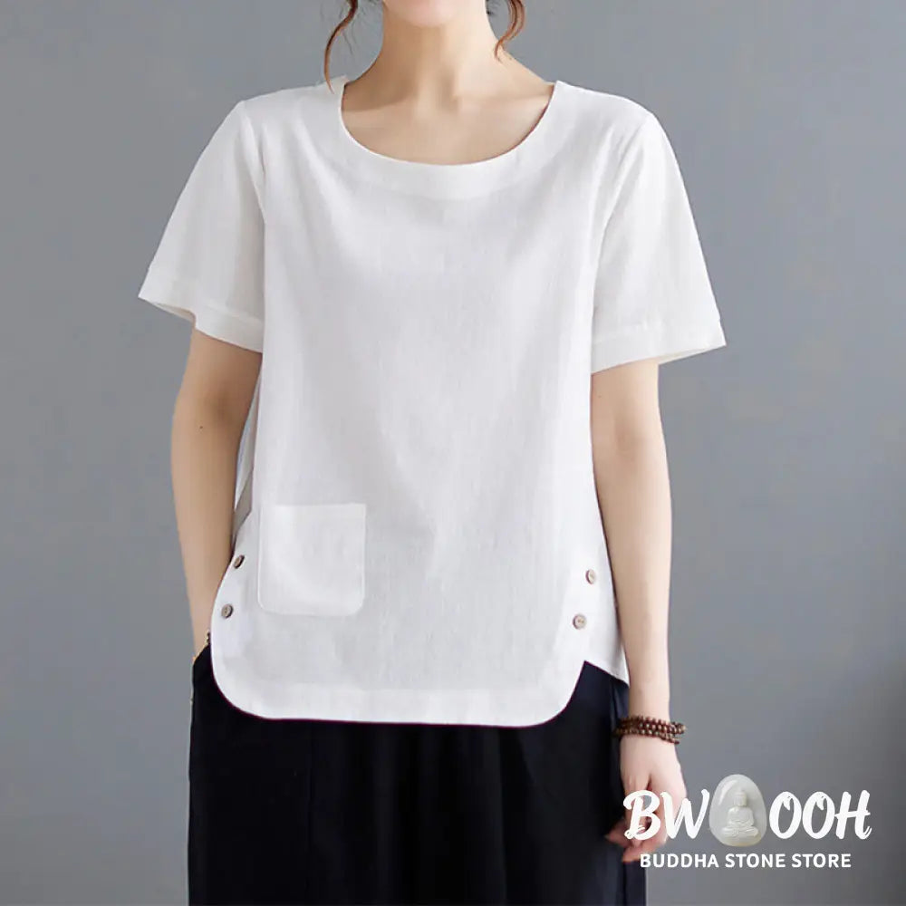Buddha Stones Side Slit Design Women’s Cotton Linen Crew Neck Short Sleeve T-Shirt Wtih Pocket - Women’s T-Shirts