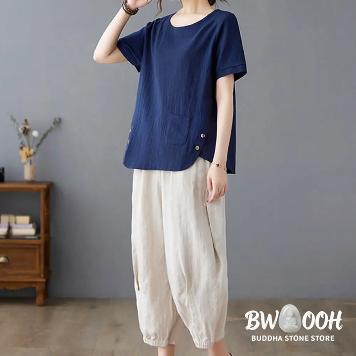 Buddha Stones Side Slit Design Women’s Cotton Linen Crew Neck Short Sleeve T-Shirt Wtih Pocket - Women’s T-Shirts