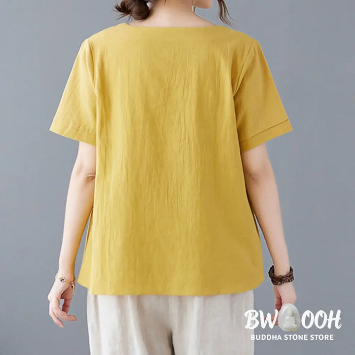 Buddha Stones Side Slit Design Women’s Cotton Linen Crew Neck Short Sleeve T-Shirt Wtih Pocket - Women’s T-Shirts