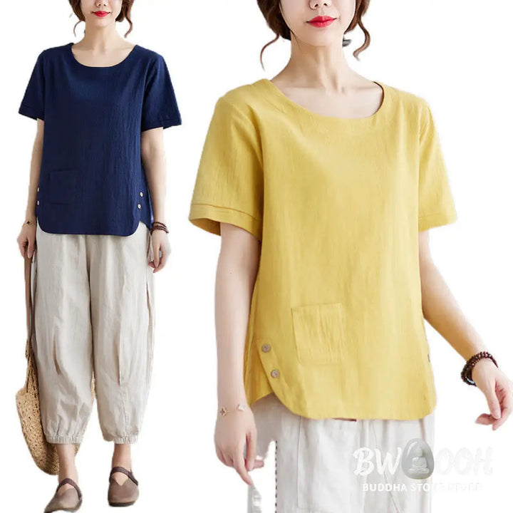Buddha Stones Side Slit Design Women’s Cotton Linen Crew Neck Short Sleeve T-Shirt Wtih Pocket - Women’s T-Shirts