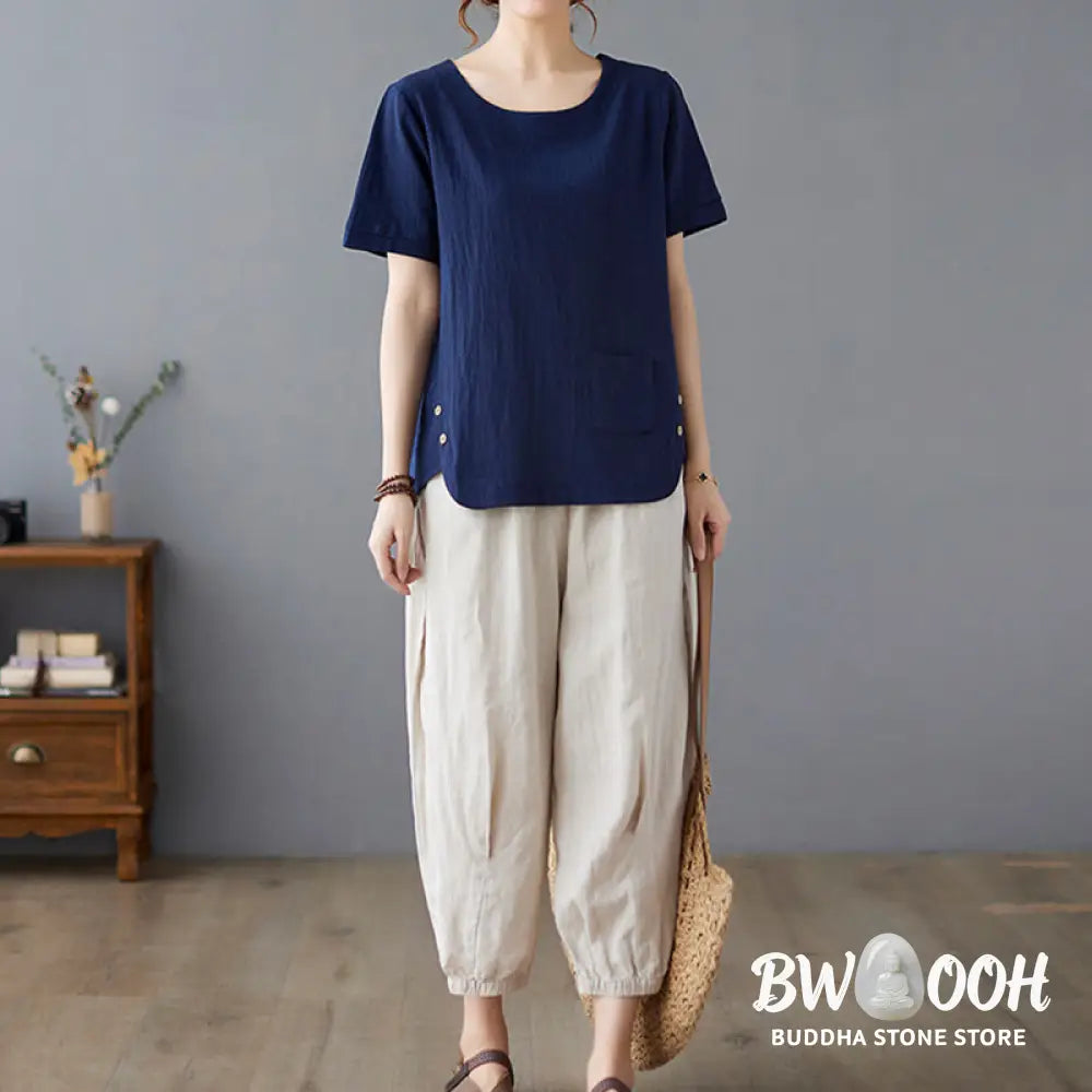 Buddha Stones Side Slit Design Women’s Cotton Linen Crew Neck Short Sleeve T-Shirt Wtih Pocket - Women’s T-Shirts