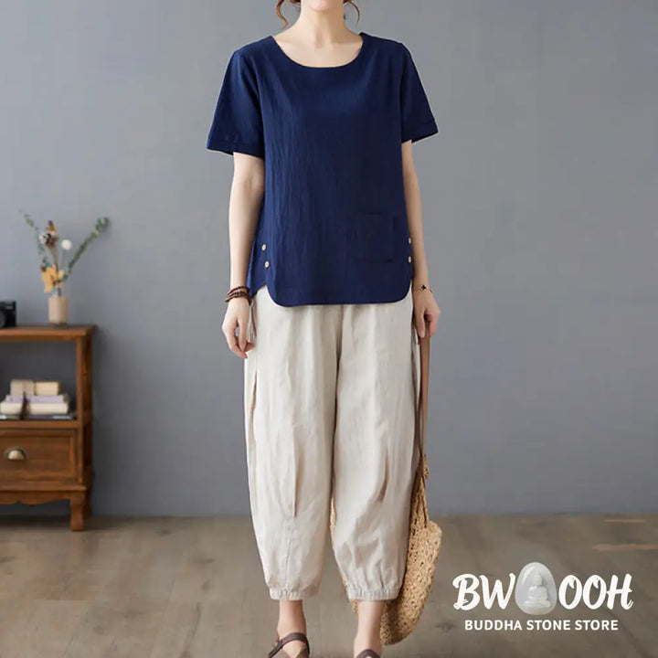 Buddha Stones Side Slit Design Women’s Cotton Linen Crew Neck Short Sleeve T-Shirt Wtih Pocket - Women’s T-Shirts