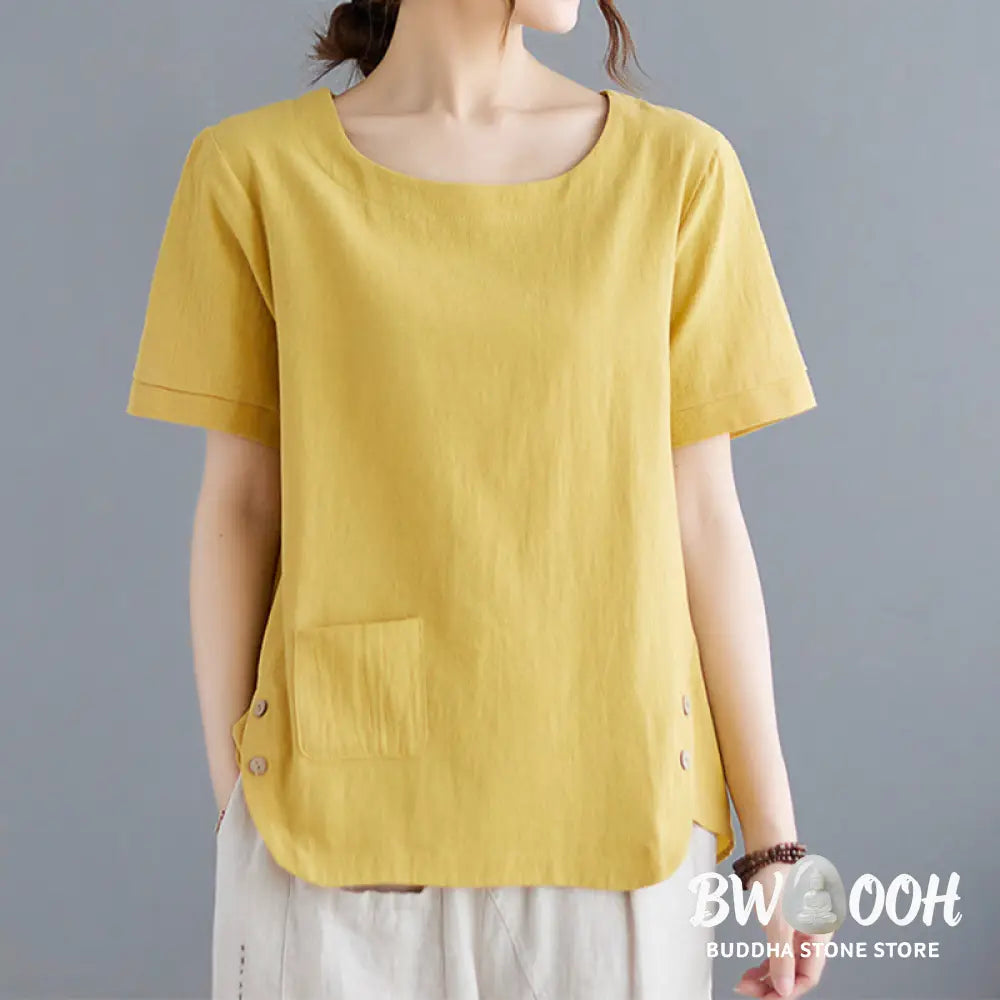 Buddha Stones Side Slit Design Women’s Cotton Linen Crew Neck Short Sleeve T-Shirt Wtih Pocket - Women’s T-Shirts