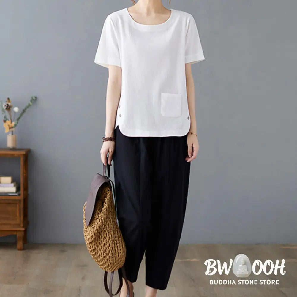 Buddha Stones Side Slit Design Women’s Cotton Linen Crew Neck Short Sleeve T-Shirt Wtih Pocket - Women’s T-Shirts