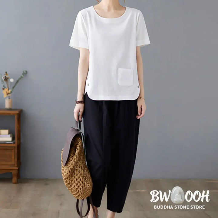 Buddha Stones Side Slit Design Women’s Cotton Linen Crew Neck Short Sleeve T-Shirt Wtih Pocket - Women’s T-Shirts