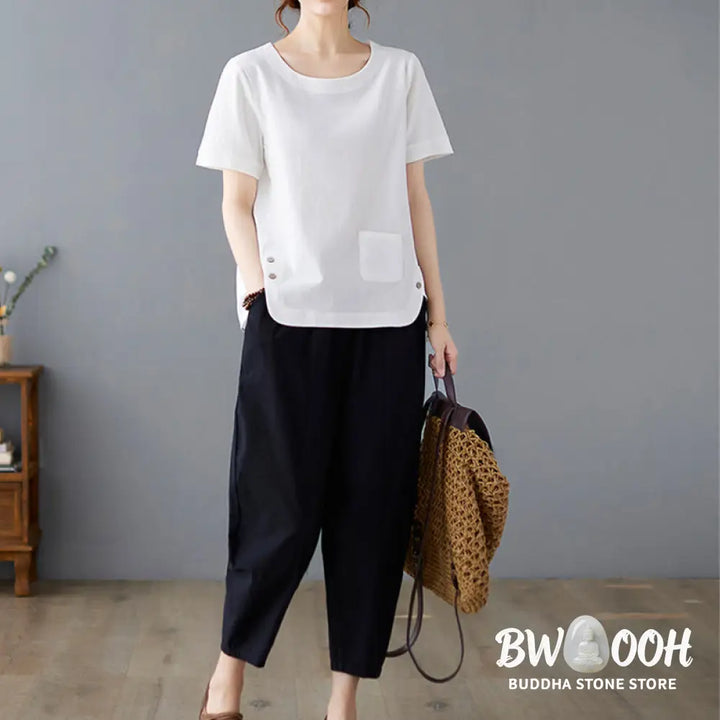 Buddha Stones Side Slit Design Women’s Cotton Linen Crew Neck Short Sleeve T-Shirt Wtih Pocket - Women’s T-Shirts