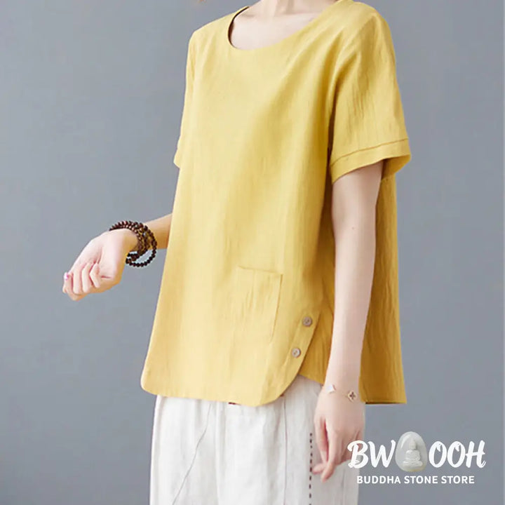 Buddha Stones Side Slit Design Women’s Cotton Linen Crew Neck Short Sleeve T-Shirt Wtih Pocket - Women’s T-Shirts