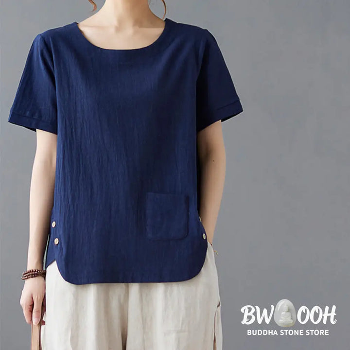 Buddha Stones Side Slit Design Women’s Cotton Linen Crew Neck Short Sleeve T-Shirt Wtih Pocket - Women’s T-Shirts