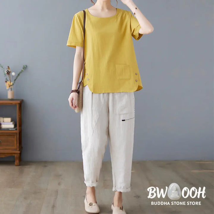 Buddha Stones Side Slit Design Women’s Cotton Linen Crew Neck Short Sleeve T-Shirt Wtih Pocket - Women’s T-Shirts