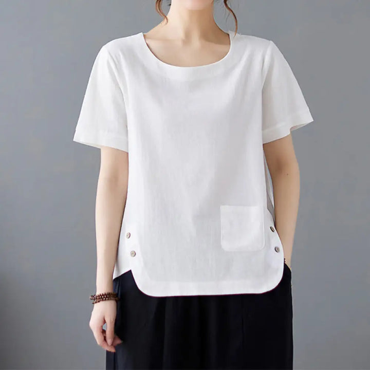 Buddha Stones Side Slit Design Women’s Cotton Linen Crew Neck Short Sleeve T-Shirt Wtih Pocket - White