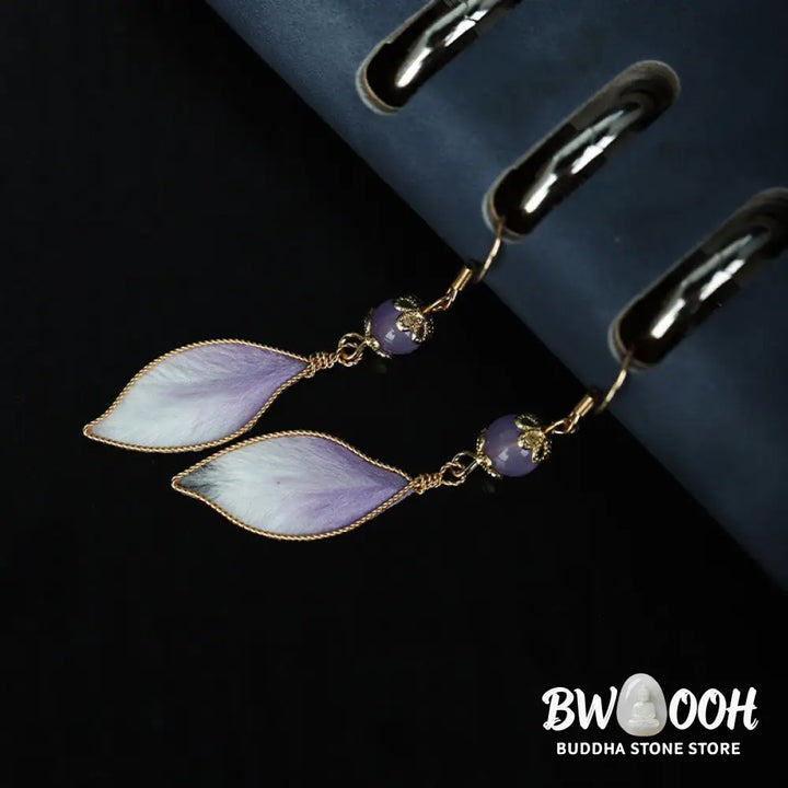 Buddha Stones Silk Art Handmade Purple Gradient Petals Blessing Dangle Earrings - Silk fibers(Size: About 6.3*1.4cm)