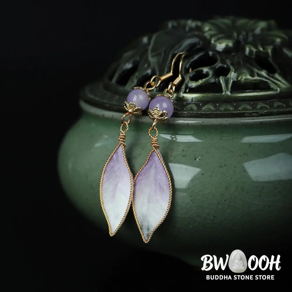 Buddha Stones Silk Art Handmade Purple Gradient Petals Blessing Dangle Earrings - Silk fibers(Size: About 6.3*1.4cm)