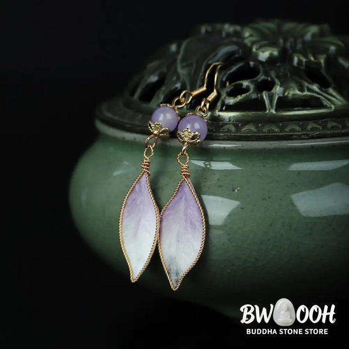 Buddha Stones Silk Art Handmade Purple Gradient Petals Blessing Dangle Earrings - Silk fibers(Size: About 6.3*1.4cm)