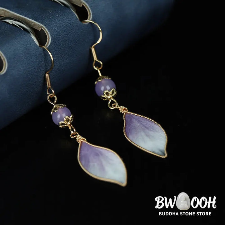Buddha Stones Silk Art Handmade Purple Gradient Petals Blessing Dangle Earrings - Silk fibers(Size: About 6.3*1.4cm)