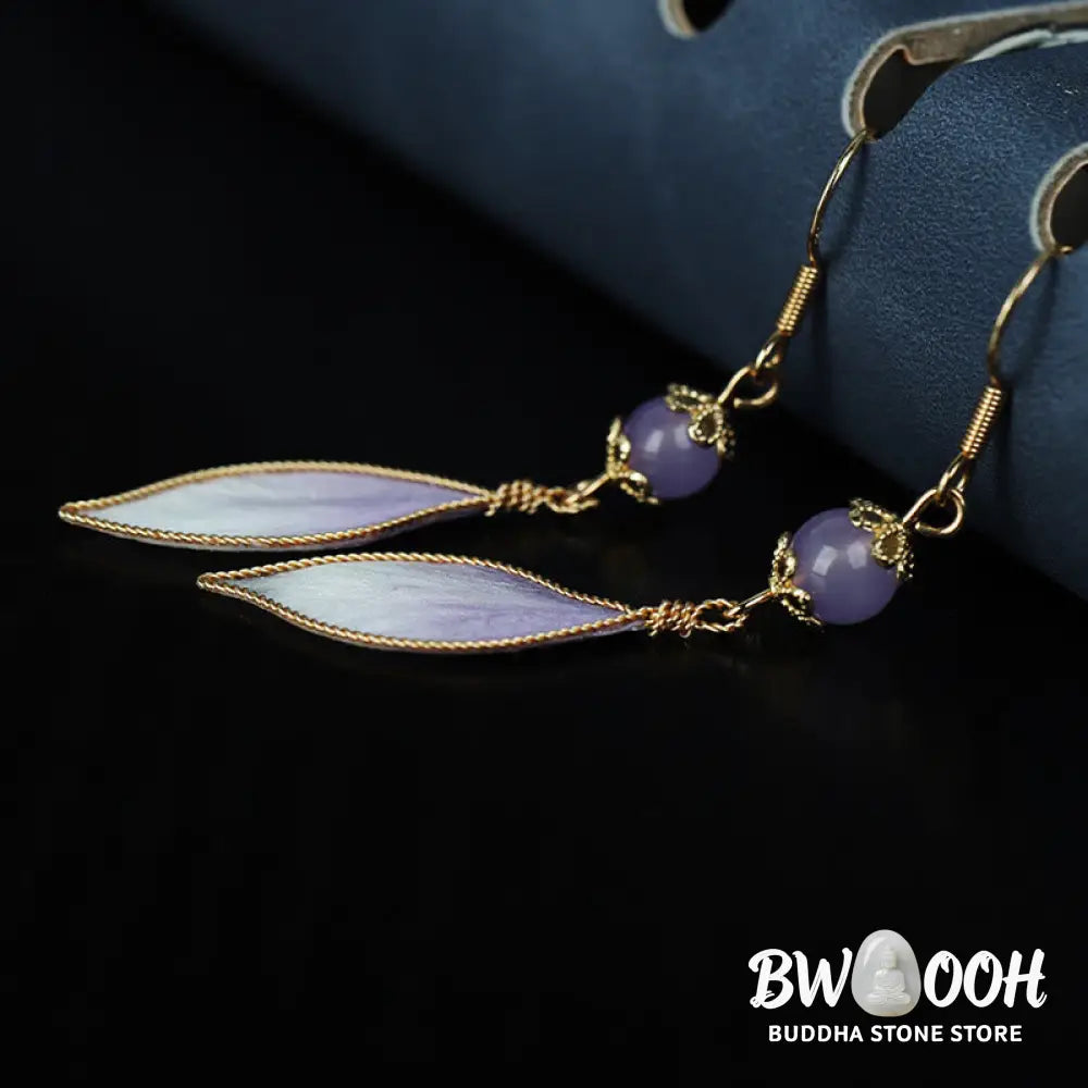 Buddha Stones Silk Art Handmade Purple Gradient Petals Blessing Dangle Earrings - Silk fibers(Size: About 6.3*1.4cm)