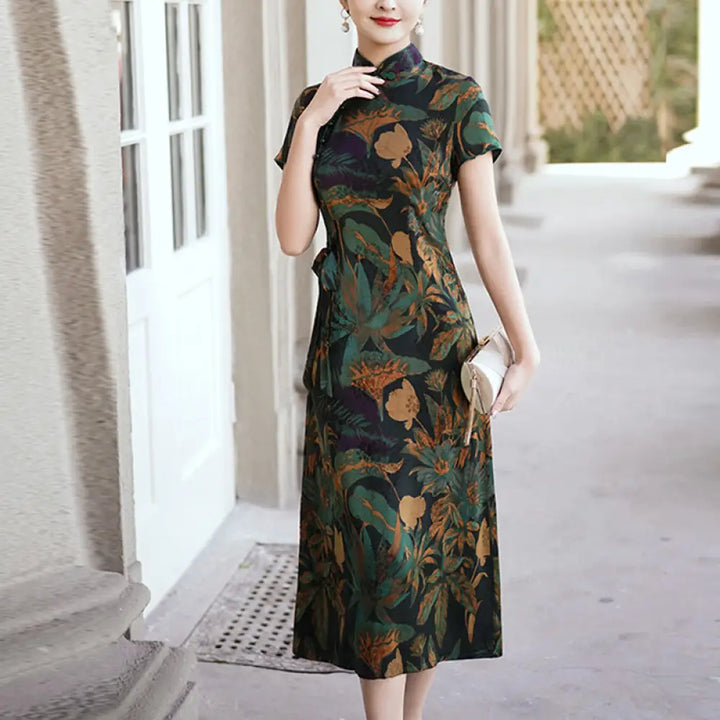 Buddha Stones Silk Qipao Dress Retro Flower Leaf Pattern Women’s Cheongsam Dress - Dark Green Brown / US2，UK/AU6，EU34