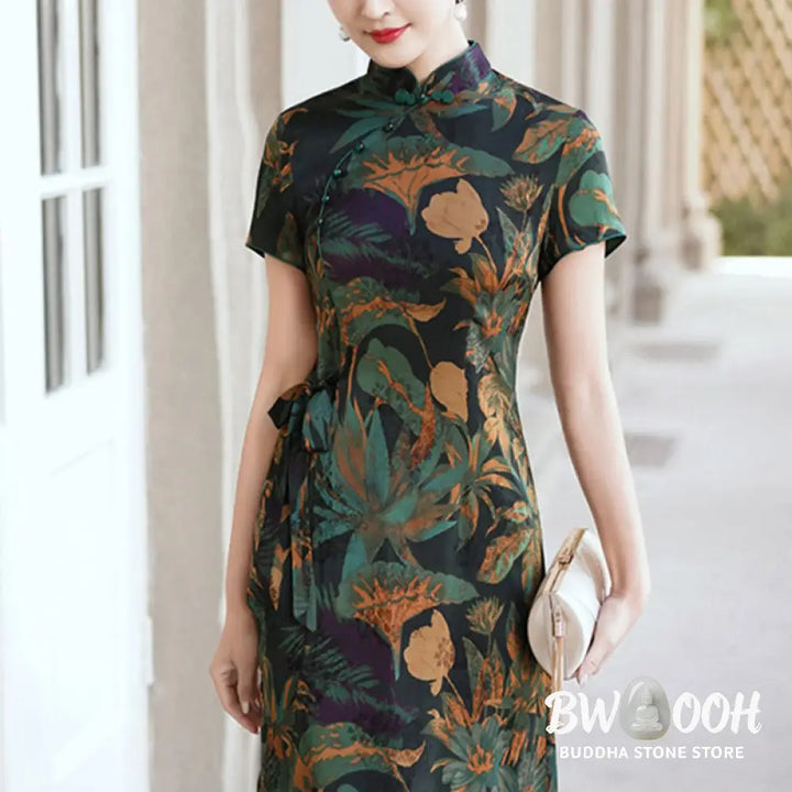 Buddha Stones Silk Qipao Dress Retro Flower Leaf Pattern Women’s Cheongsam Dress - Cheongsam Dresses