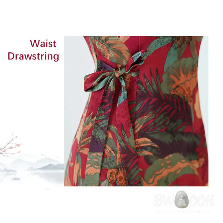 Buddha Stones Silk Qipao Dress Retro Flower Leaf Pattern Women’s Cheongsam Dress - Cheongsam Dresses