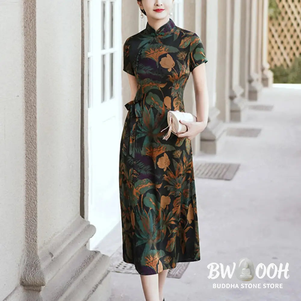 Buddha Stones Silk Qipao Dress Retro Flower Leaf Pattern Women’s Cheongsam Dress - Cheongsam Dresses