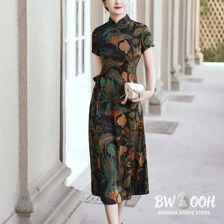 Buddha Stones Silk Qipao Dress Retro Flower Leaf Pattern Women’s Cheongsam Dress - Cheongsam Dresses