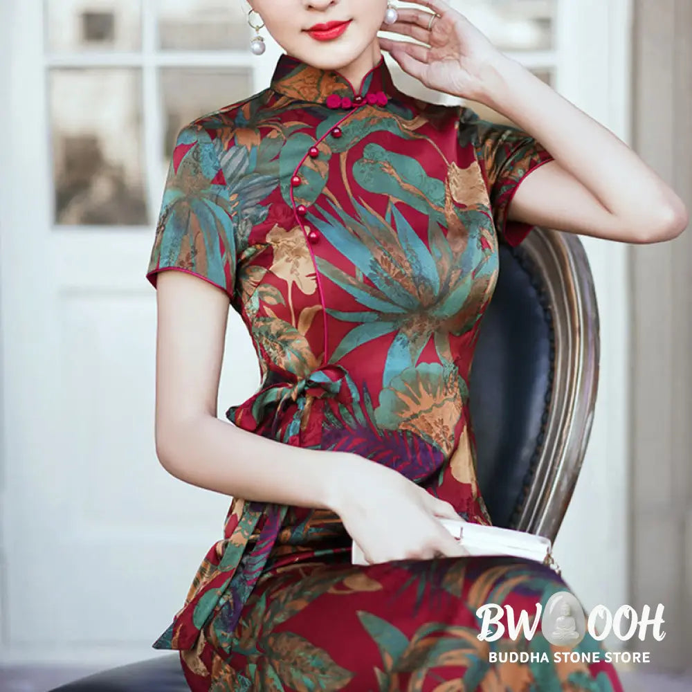 Buddha Stones Silk Qipao Dress Retro Flower Leaf Pattern Women’s Cheongsam Dress - Cheongsam Dresses