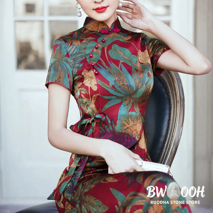 Buddha Stones Silk Qipao Dress Retro Flower Leaf Pattern Women’s Cheongsam Dress - Cheongsam Dresses