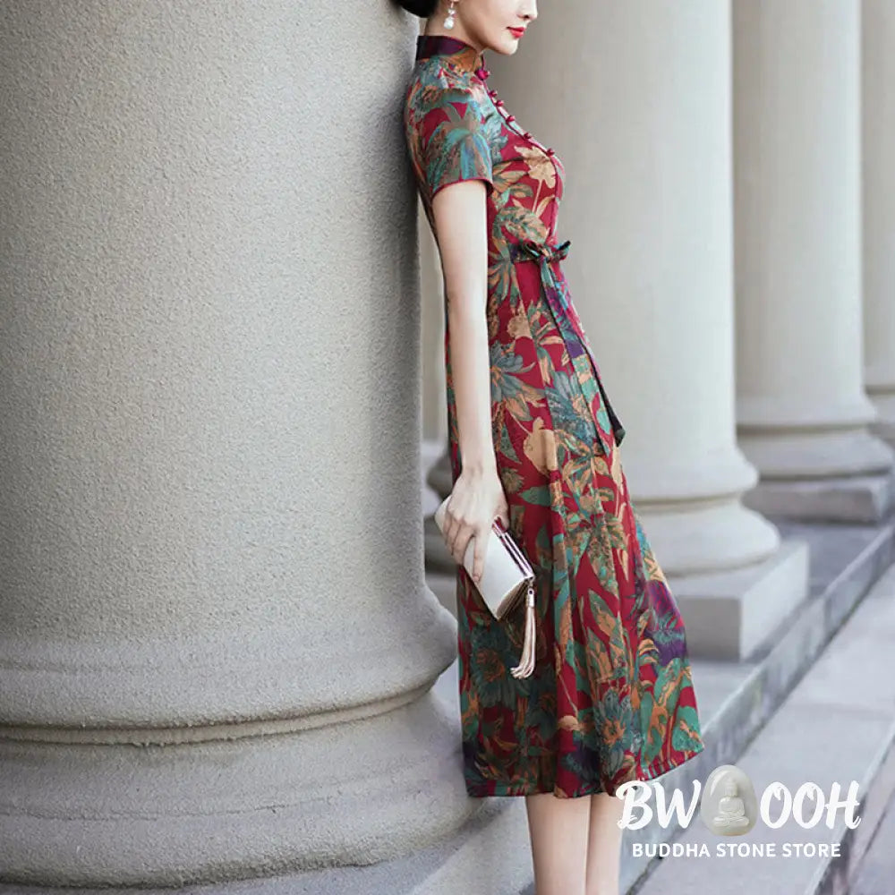 Buddha Stones Silk Qipao Dress Retro Flower Leaf Pattern Women’s Cheongsam Dress - Cheongsam Dresses