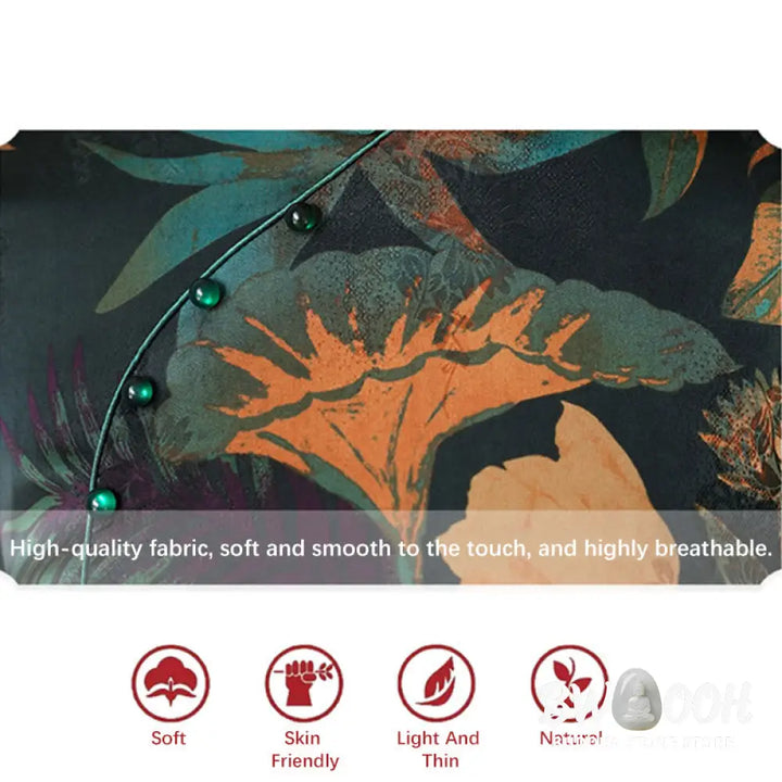 Buddha Stones Silk Qipao Dress Retro Flower Leaf Pattern Women’s Cheongsam Dress - Cheongsam Dresses