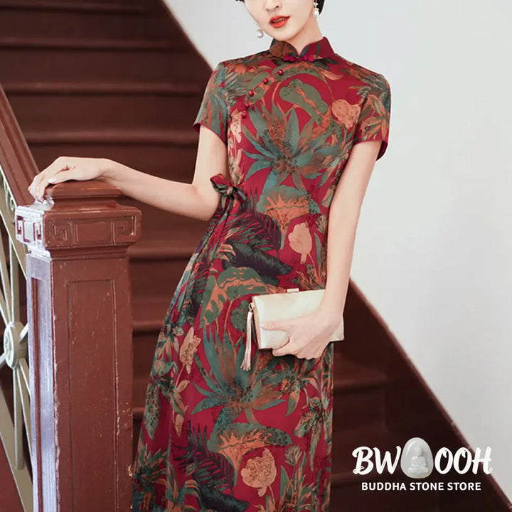 Buddha Stones Silk Qipao Dress Retro Flower Leaf Pattern Women’s Cheongsam Dress - Cheongsam Dresses