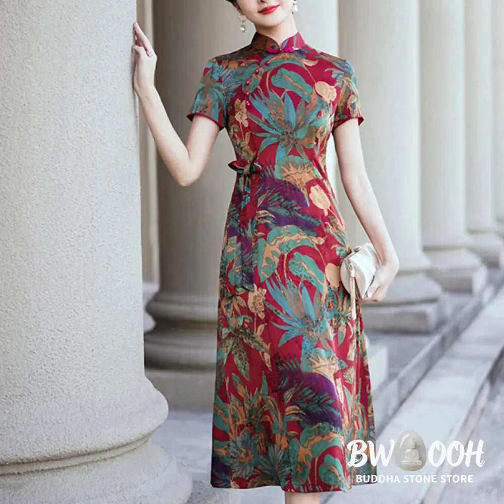 Buddha Stones Silk Qipao Dress Retro Flower Leaf Pattern Women’s Cheongsam Dress - Cheongsam Dresses