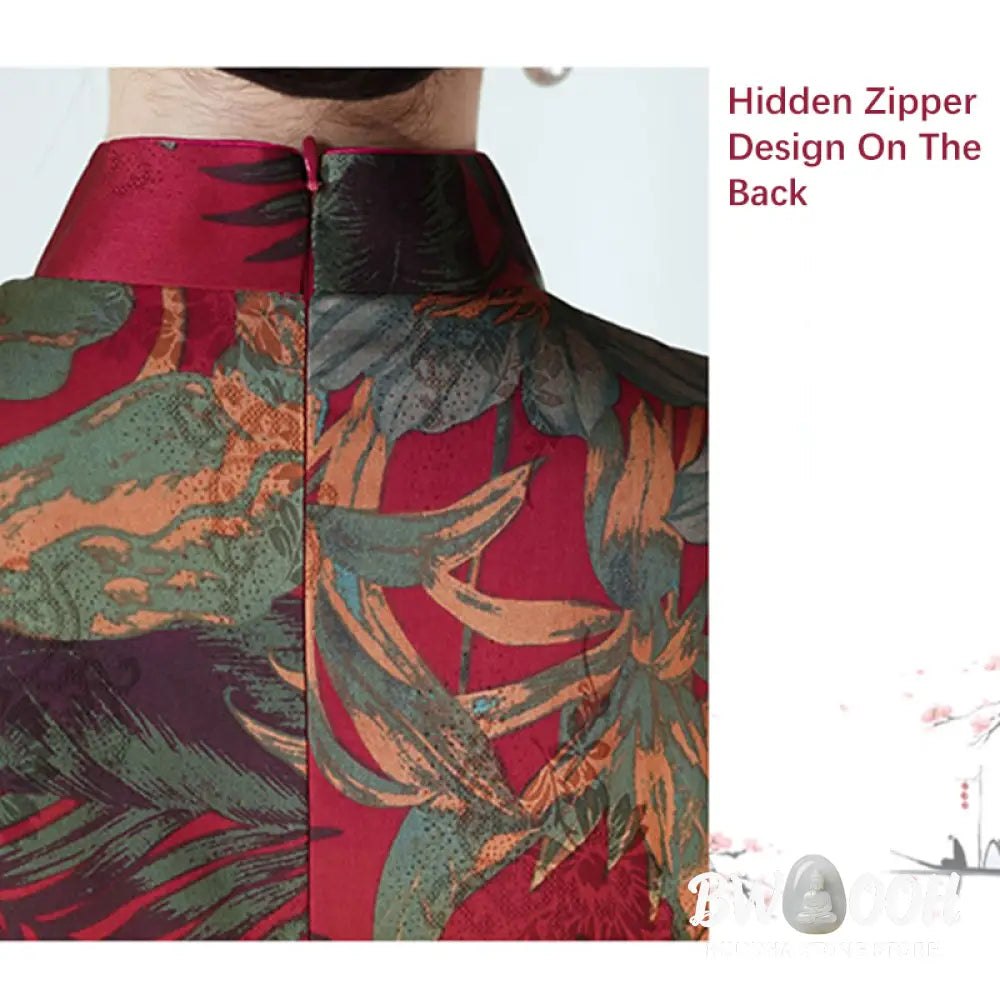 Buddha Stones Silk Qipao Dress Retro Flower Leaf Pattern Women’s Cheongsam Dress - Cheongsam Dresses