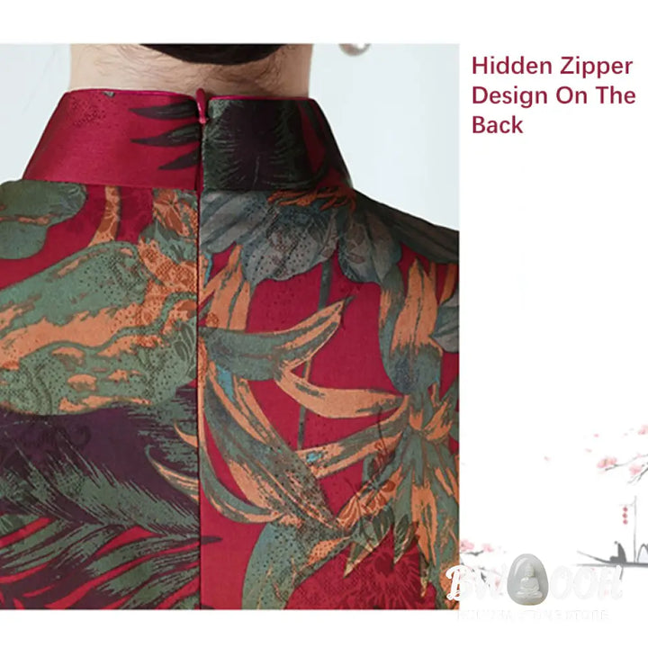Buddha Stones Silk Qipao Dress Retro Flower Leaf Pattern Women’s Cheongsam Dress - Cheongsam Dresses
