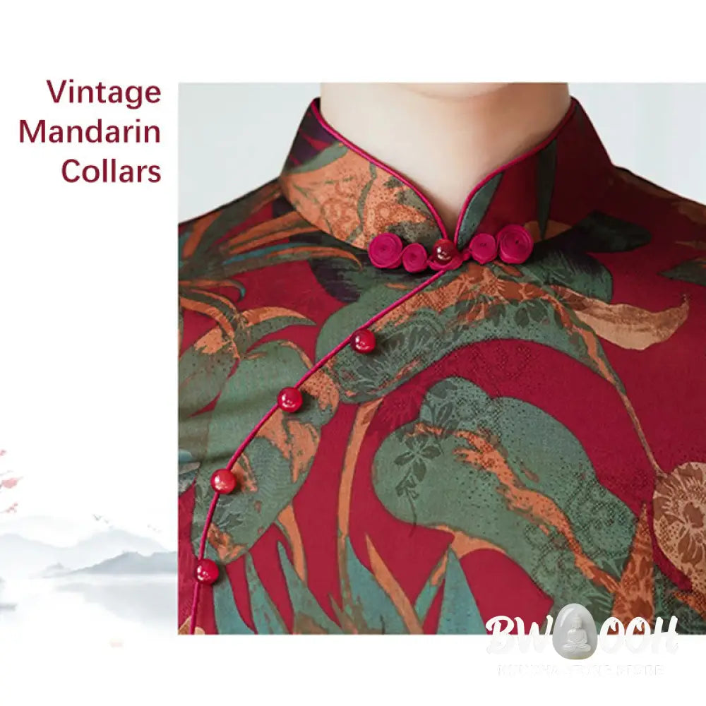 Buddha Stones Silk Qipao Dress Retro Flower Leaf Pattern Women’s Cheongsam Dress - Cheongsam Dresses