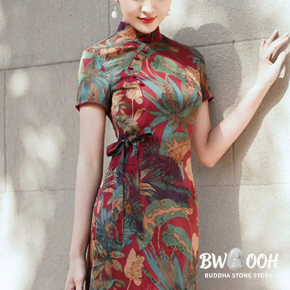 Buddha Stones Silk Qipao Dress Retro Flower Leaf Pattern Women’s Cheongsam Dress - Cheongsam Dresses