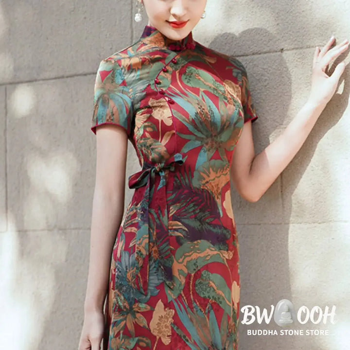 Buddha Stones Silk Qipao Dress Retro Flower Leaf Pattern Women’s Cheongsam Dress - Cheongsam Dresses