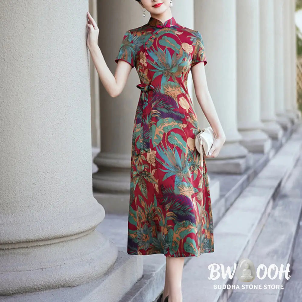 Buddha Stones Silk Qipao Dress Retro Flower Leaf Pattern Women’s Cheongsam Dress - Cheongsam Dresses