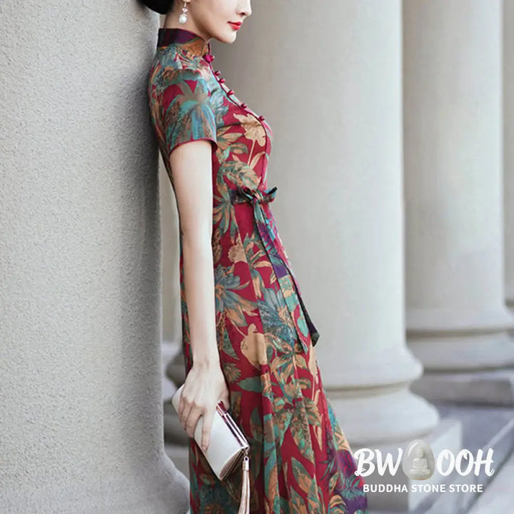 Buddha Stones Silk Qipao Dress Retro Flower Leaf Pattern Women’s Cheongsam Dress - Cheongsam Dresses