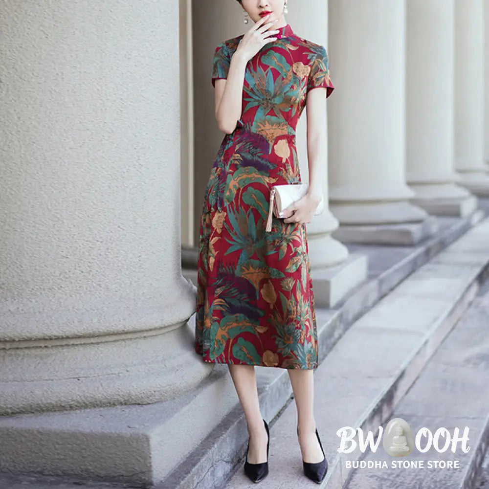 Buddha Stones Silk Qipao Dress Retro Flower Leaf Pattern Women’s Cheongsam Dress - Cheongsam Dresses