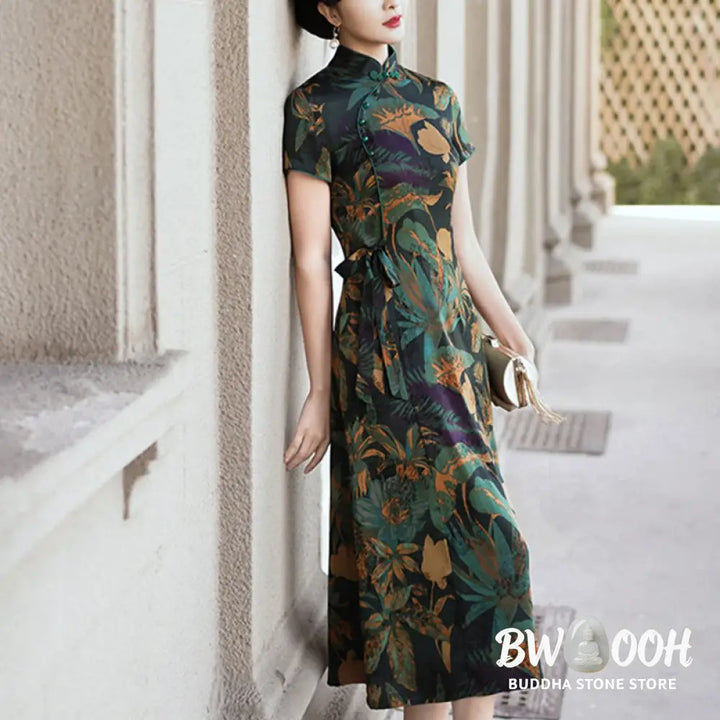 Buddha Stones Silk Qipao Dress Retro Flower Leaf Pattern Women’s Cheongsam Dress - Cheongsam Dresses