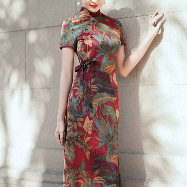 BWOOOH Silk Qipao Dress Retro Flower Leaf Pattern Women&