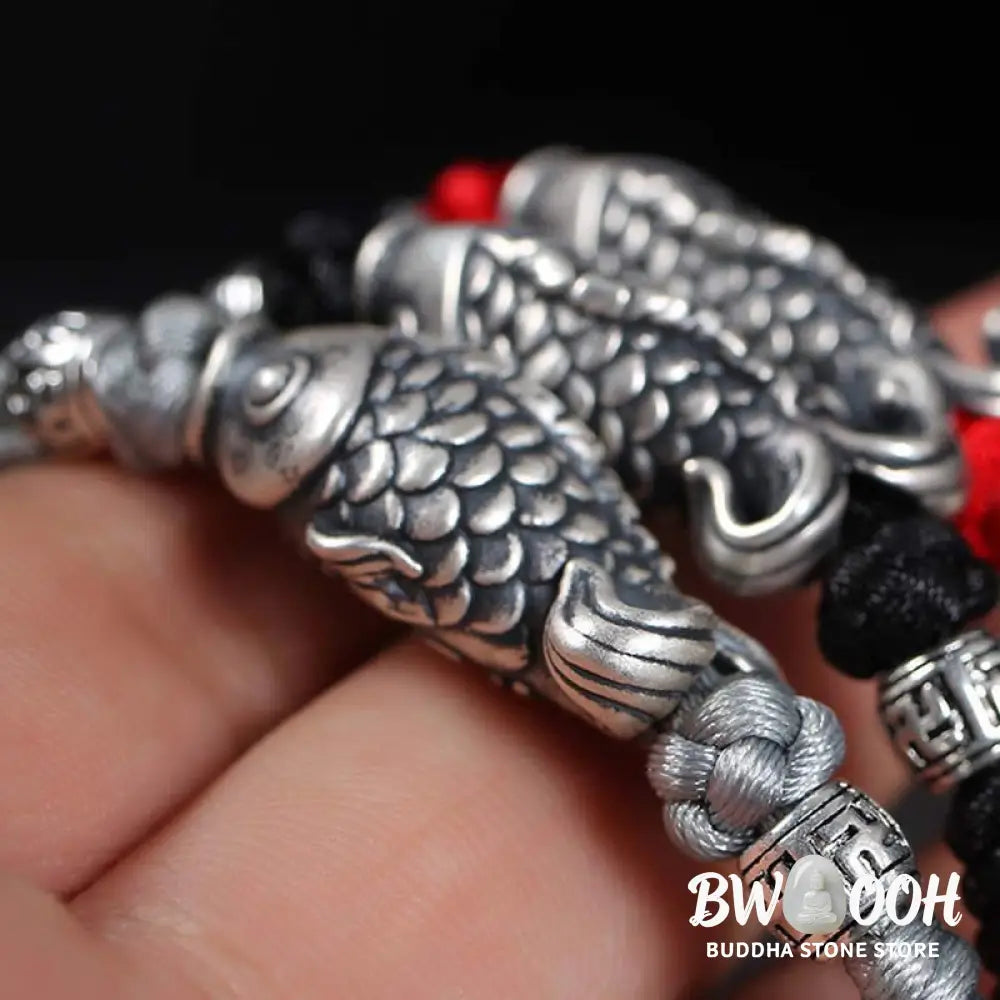 Buddha Stones Silver Luck Koi Fish Braided String Bracelet - BWOOOH - Bracelet
