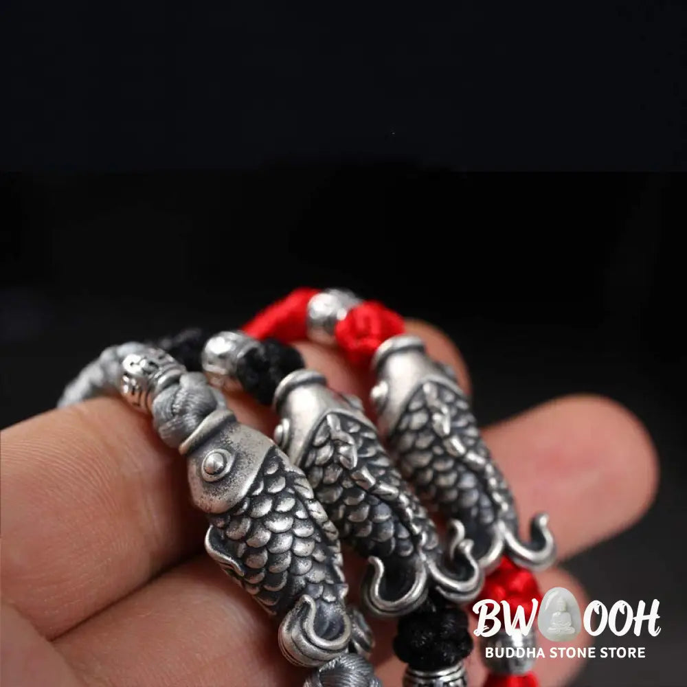 Buddha Stones Silver Luck Koi Fish Braided String Bracelet - BWOOOH - Bracelet