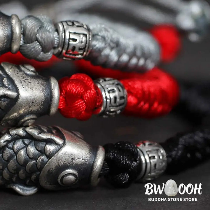 Buddha Stones Silver Luck Koi Fish Braided String Bracelet - BWOOOH - Bracelet